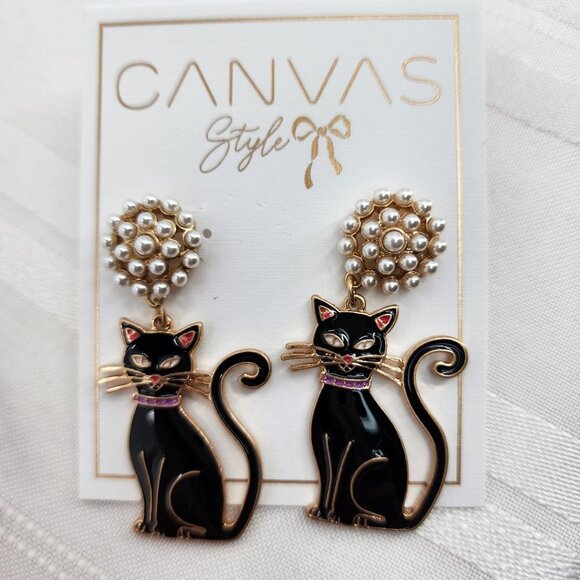 CANVAS Black Cat Dangle Drop Earrings Gold Tone Faux Pearl Studs NWT - Picture 3 of 6
